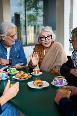 Vertical. Older gray hair woman enjoying coffee telling something to group of friends on terrace of mature people home. Meeting of senior Caucasian group persons sitting together having snack outdoors