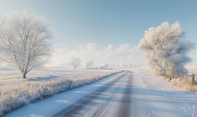 Obraz premium Winter walk along a country road, with snow-covered fields on either side and a peaceful, clear sky