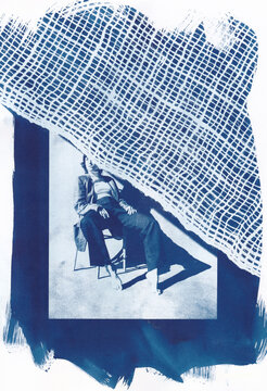 Cyanotype of reclined woman under net pattern