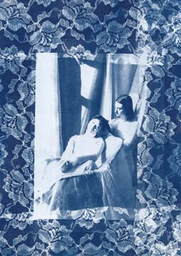 Women sitting in a lace-covered cyanotype artwork