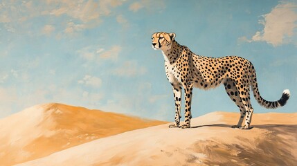 Obraz premium A cheetah stands on a sand dune against a blue sky with white clouds.