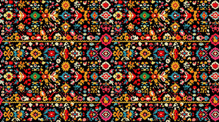 Colorful folk floral seamless pattern with vintage bohemian motifs and geometric tribal designs perfect for fabric or wallpaper applications