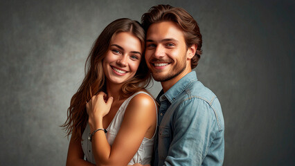 Happy young couple hugging and smiling together isolated on background
