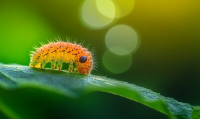 Fototapeta premium A close-up of a caterpillar on a leaf, beginning to spin its cocoon, surrounded by a blurred green background