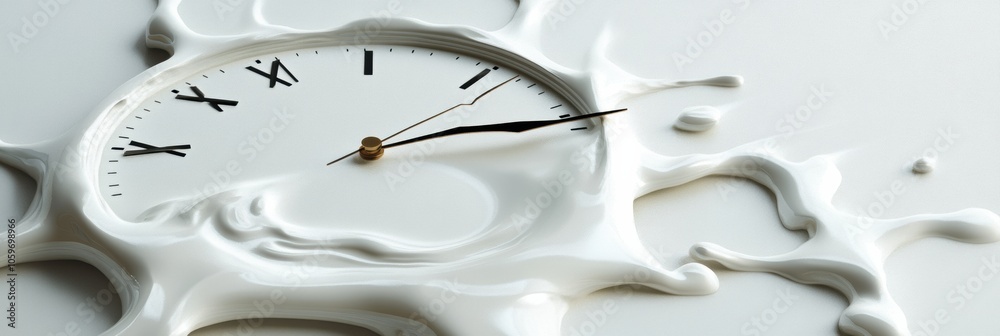 Poster A unique clock features melting hands and a smooth base, capturing the concept of time bending and flowing seamlessly in a creative way. Generative AI