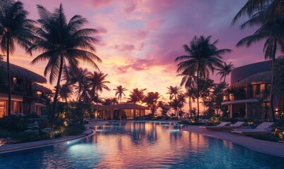 Obraz premium Luxurious tropical resort at sunset, with palm trees swaying in the breeze and the sky filled with vibrant colors