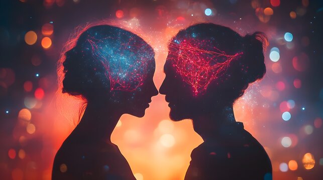 Modern love interpreted through neuroplasticity: couple facing each other, glowing neural pathways above their heads, signifying shared growth and understanding