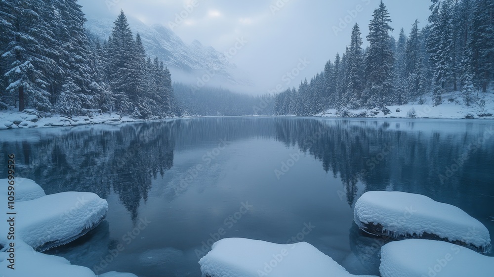 Poster a peaceful winter setting showcases a still lake reflecting the surrounding snow-draped trees and mi