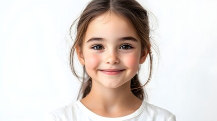 Fototapeta premium Studio portrait of a cheerful girl, vibrant expression, isolated on a pure white background, soft lighting, high-definition photography, natural skin tones