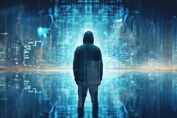 cybersecurity concept. Futuristic double exposure. Unknown man and city overlayed with data. High quality photo