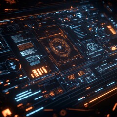 Obraz premium Futuristic Digital Interface with Neon Blue and Orange Accents in Focus