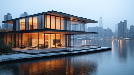 Fototapeta premium Modern glass and steel house on a lake with city skyline in the background.