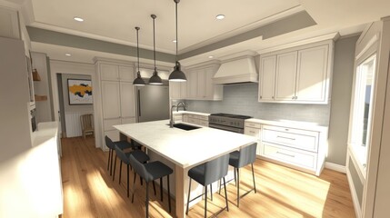 A modern kitchen with white cabinets, a large island, and hardwood floors.