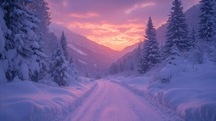 Obraz premium The snow-covered landscape captures a serene winter sunset, with vibrant hues filling the sky above the peaceful mountain road. Tall evergreens line the route, creating a picturesque scene.