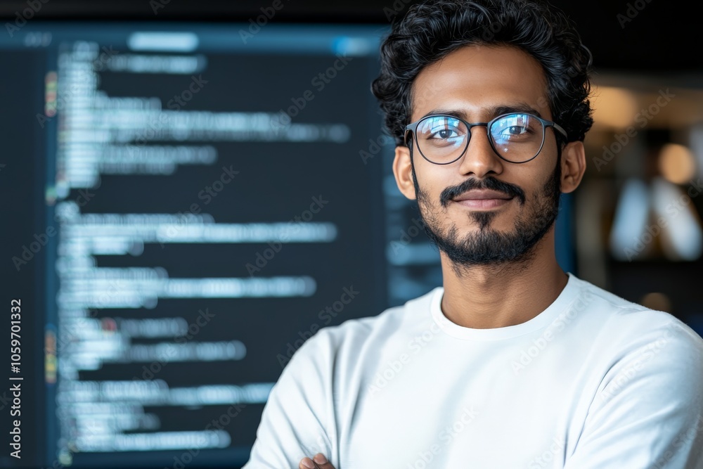 Poster a programmer wearing glasses stands confidently before a screen filled with lines of code, conveying