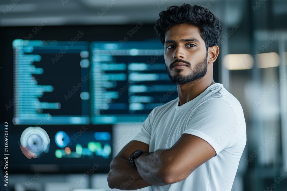 Poster a confident engineer stands with arms crossed in a modern tech office, surrounded by multiple comput
