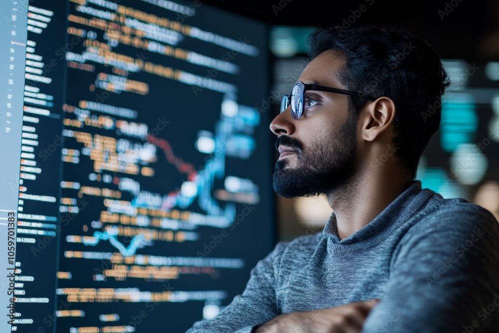 Poster a focused programmer deeply analyzes code displayed on the screen, symbolizing modern technology dev