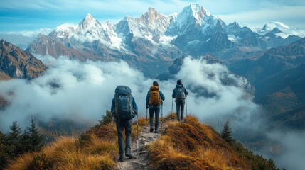 Obraz premium Three hikers navigate a scenic mountain path, their backpacks loaded for adventure as they embrace nature's beauty. Majestic peaks tower above, partially veiled by fluffy clouds.