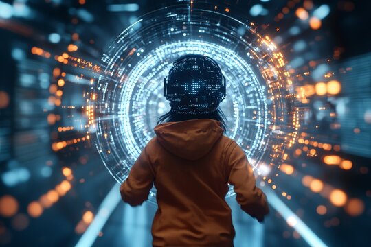 A child wearing a futuristic VR helmet explores a digital space, highlighting the wonder and curiosity enabled by technology in a vividly lit digital environment.