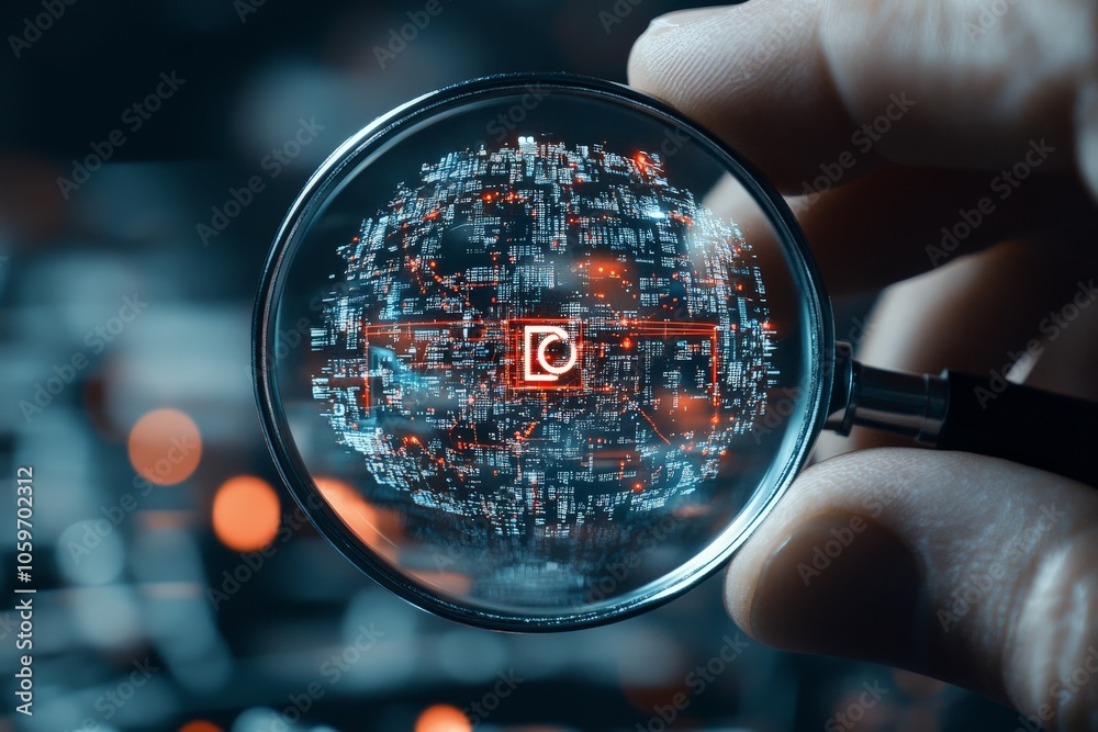 Poster a digital sphere is held by a hand, featuring intricate circuit paths and glowing elements, symboliz