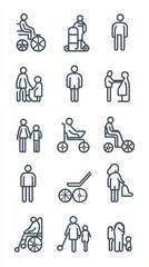 Collection of Line Icons Depicting Mobility and Accessibility for Different Age Groups