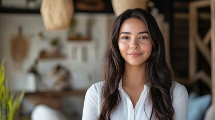 Obraz premium Confident Young Woman Smiling in a Modern Interior Space