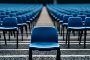 An intriguing photograph depicting a lone blue chair standing out among many blue chairs, establishing a sense of individuality and emphasis against conformity and uniformity.