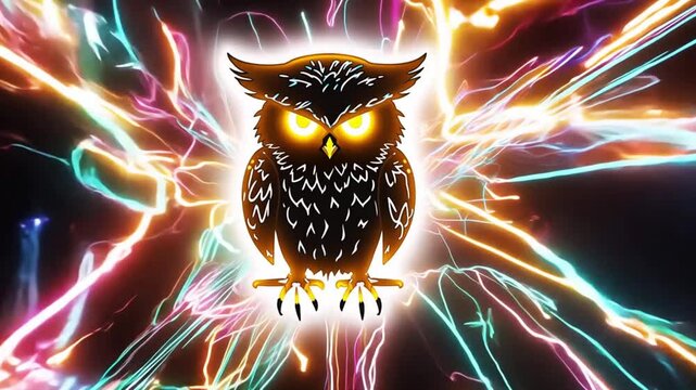 Abstract glowing owl logo is in the center of a glowing swirl of lines