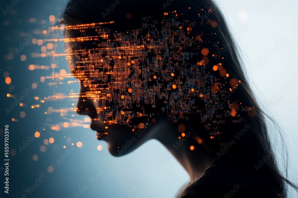 Poster a profile of a human face intertwines with digital data streams, representing the intersection of te