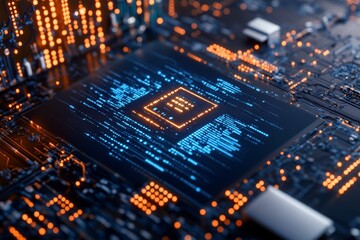 Obraz premium A close-up of a digital microchip featuring intricate circuitry and glowing lights, symbolizing advancements in computing technology and modern innovations.