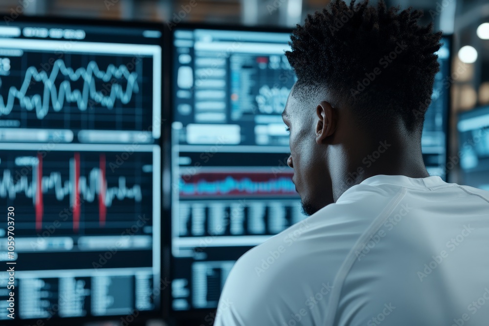 Poster a focused man in a tech setting analyzes data on multiple screens, with graphs and charts displayed,