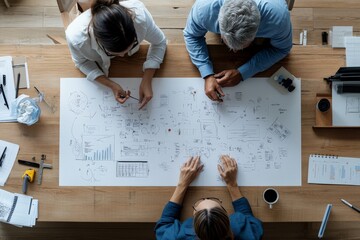 A diverse team of three individuals collaborates intensely on a detailed project blueprint, displaying teamwork and innovation from a bird's-eye view perspective.