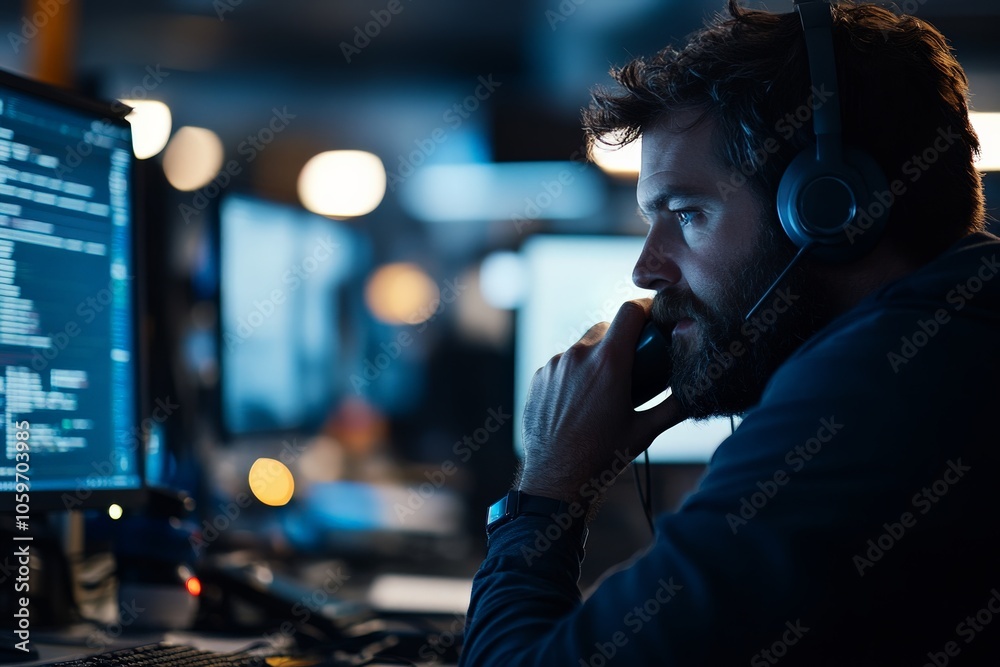 Poster a man wearing a headset works intensely, debugging code on a computer. his thoughtful expression ref
