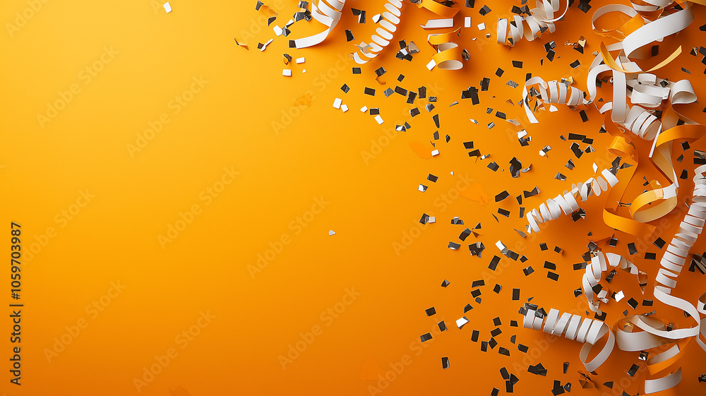 Poster Colorful and playful New Year greeting card with confetti and streamers on vibrant orange background, creating festive and joyful atmosphere