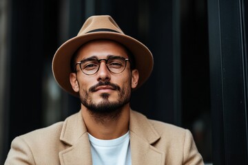 A fashionable man in a beige coat, stylish hat, and round glasses looks confidently at the viewer, standing against a dark background with a modern vibe.