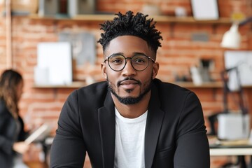 Obraz premium A thoughtful, stylish professional with glasses sits in a trendy office environment, exuding a sense of calm and focus, while engaging in important business matters.