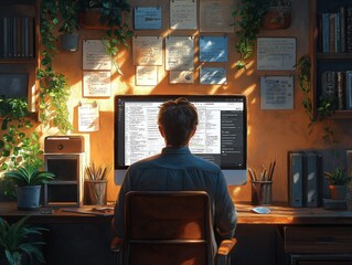 An individual in a home office interacting with an AI personal assistant displayed on a computer screen, organizing their tasks, reminders, and calendar