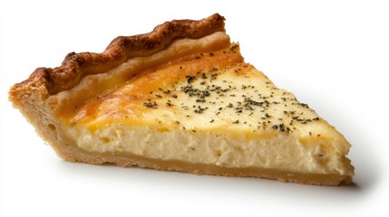 Delicious slice of quiche lorraine on white background for culinary inspiration