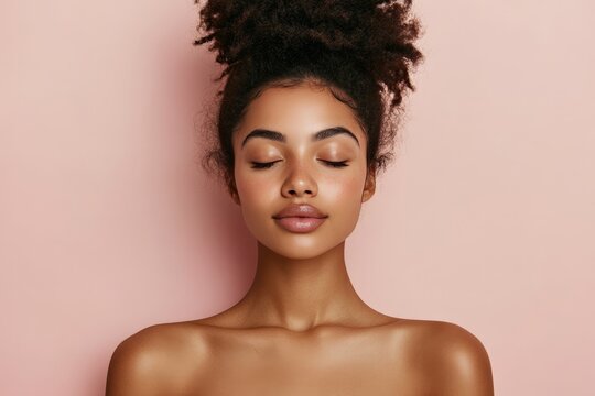 A minimalist portrait of a woman with her eyes closed, captured against a soft, neutral background, conveying peacefulness, serenity, and introspective beauty.