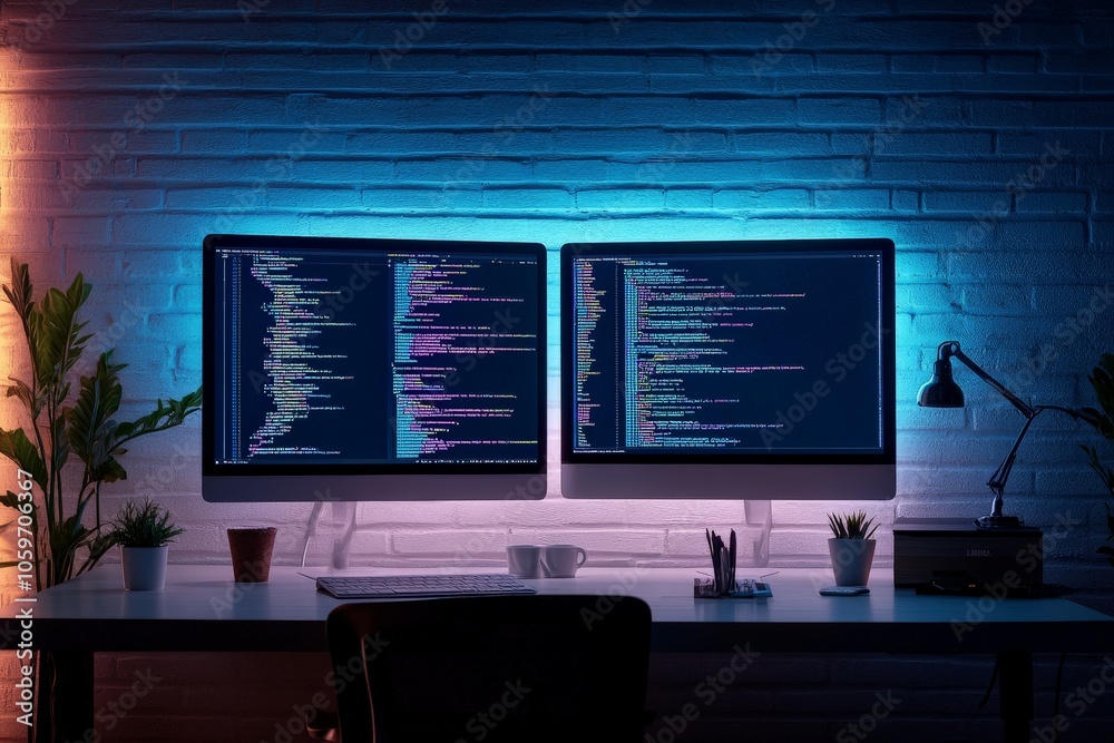 Poster a dimly lit, modern setup showcases two brightly lit monitors with programming code, emphasizing a t