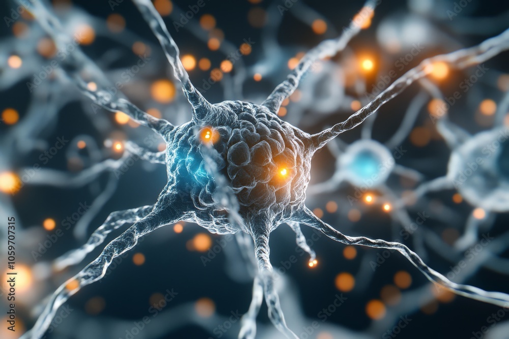 Poster this image shows a close-up view of a glowing neural network with illuminated synapses, illustrating