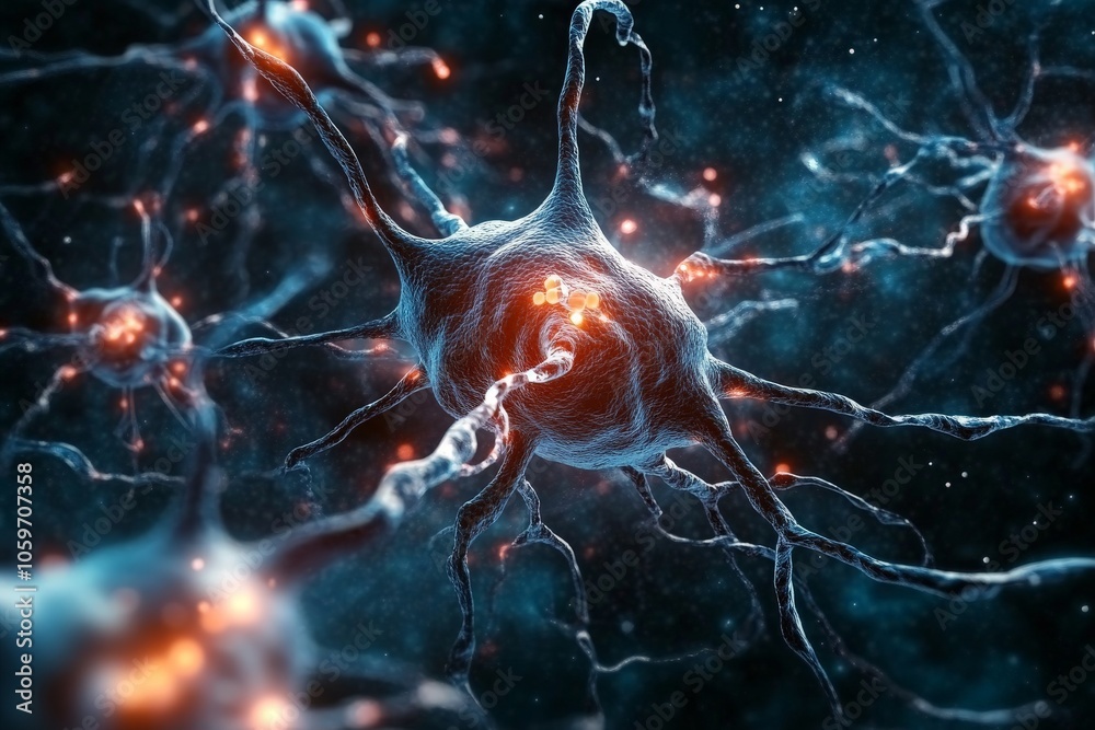 Poster an intricate representation of a neuron network with orange-glowing synapses illustrating the dynami