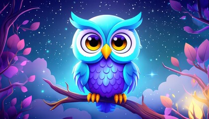 Obraz premium A cute, cartoonish blue owl perched on a branch under a starry night sky.