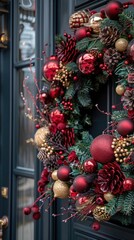 Beautifully Decorated Christmas Wreath Hanging on a Rustic Wooden Door Filled with Pine Branches Berries Pinecones and Ornaments in a Cozy Festive Scene