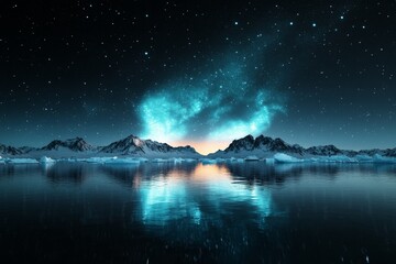 Naklejka premium A mesmerizing view of the mystical night sky filled with stars above snow-capped mountains, their reflections creating a celestial symmetry over calm waters.