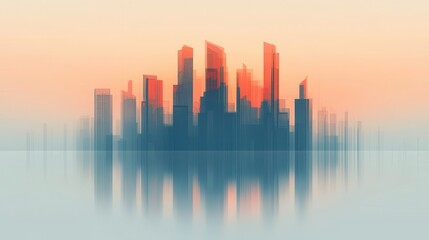 Fototapeta premium A futuristic city skyline reflecting on tranquil waters at sunset, showcasing modern architecture and vibrant colors.