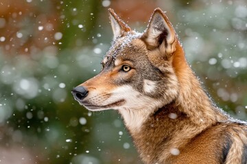 Obraz premium A Majestic Wolf Gazes Intently Through the Snowy Forest in Soft Winter Light