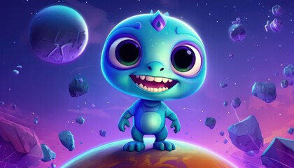 Fototapeta premium A cute, blue alien character stands joyfully on a colorful planet amidst a cosmic backdrop.