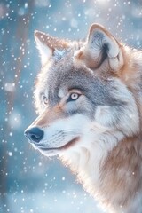 Fototapeta premium Majestic Wolf Gazes Intensely Through a Snowy Forest in Soft Winter Light