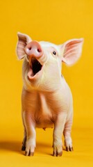 Happy Piglet with Open Mouth Against Yellow Background